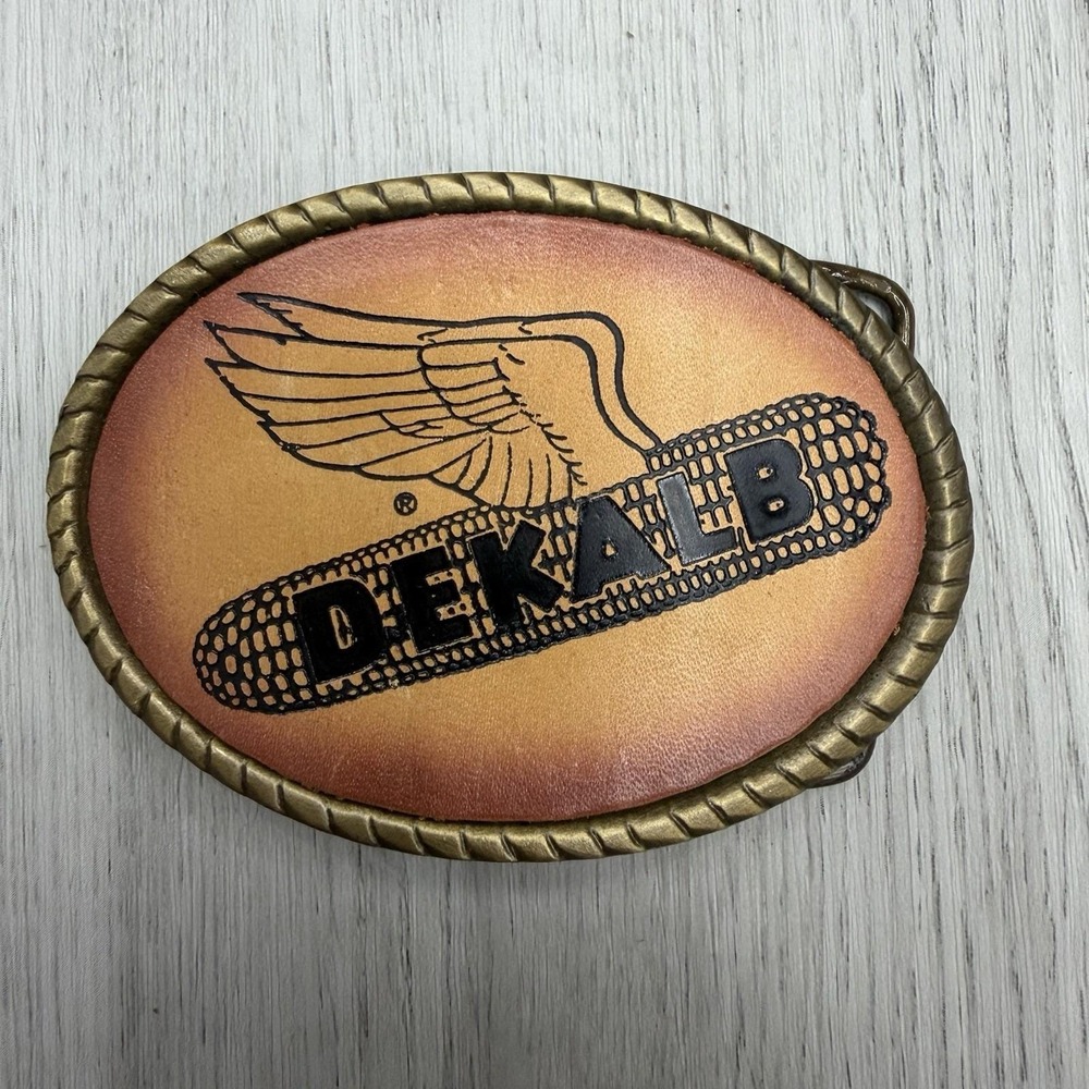 Vtg DEKALB Belt Buckle Brass & Leather Flying Corn Cob Agricultural Advertising